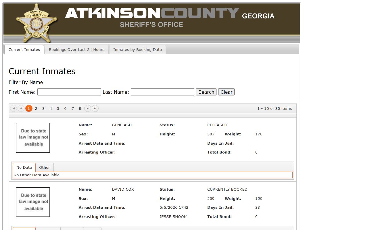 Atkinson County inmate search roster on OffenderIndex
